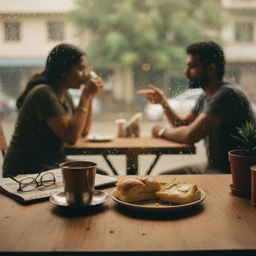 Illustrative scene: Filter coffee and bun maska by a rainy window in a Bengaluru cafe