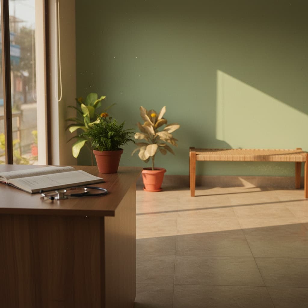 Illustrative scene: Calm neighbourhood clinic reception with plants and a stethoscope in Pune