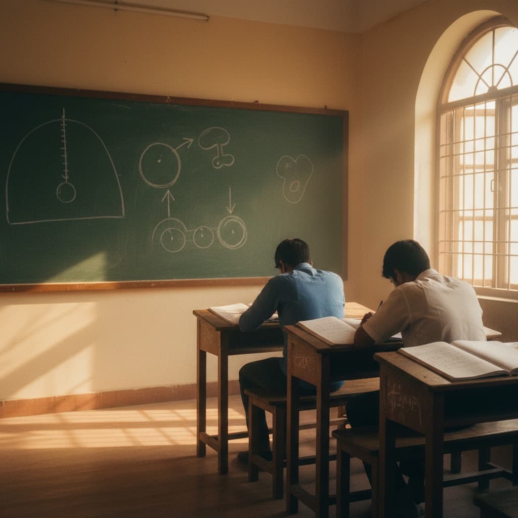 Illustrative scene: Two students studying in a sunlit coaching classroom in Kota