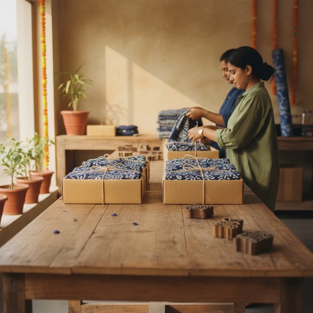 Illustrative scene: Indigo block-printed kurtas packed into kraft boxes at a Jaipur studio