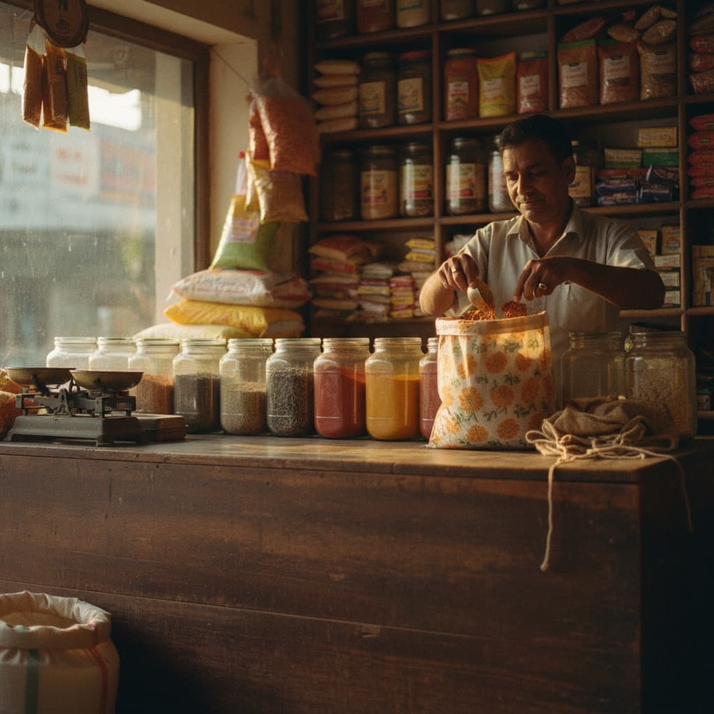 Illustrative scene: Shopkeeper packing a grocery order at a kirana store counter in Indore